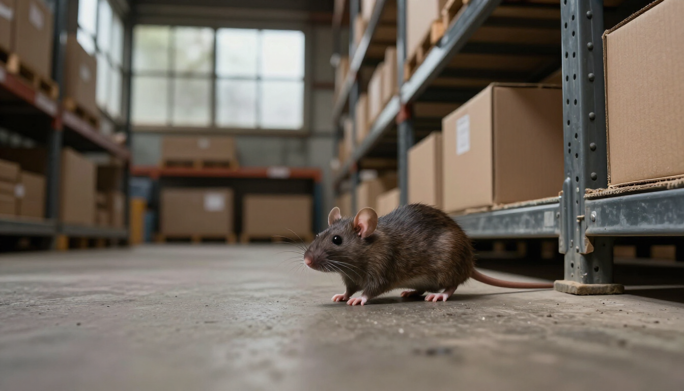 Brown rat on warehouse floor between shelving units and boxes
