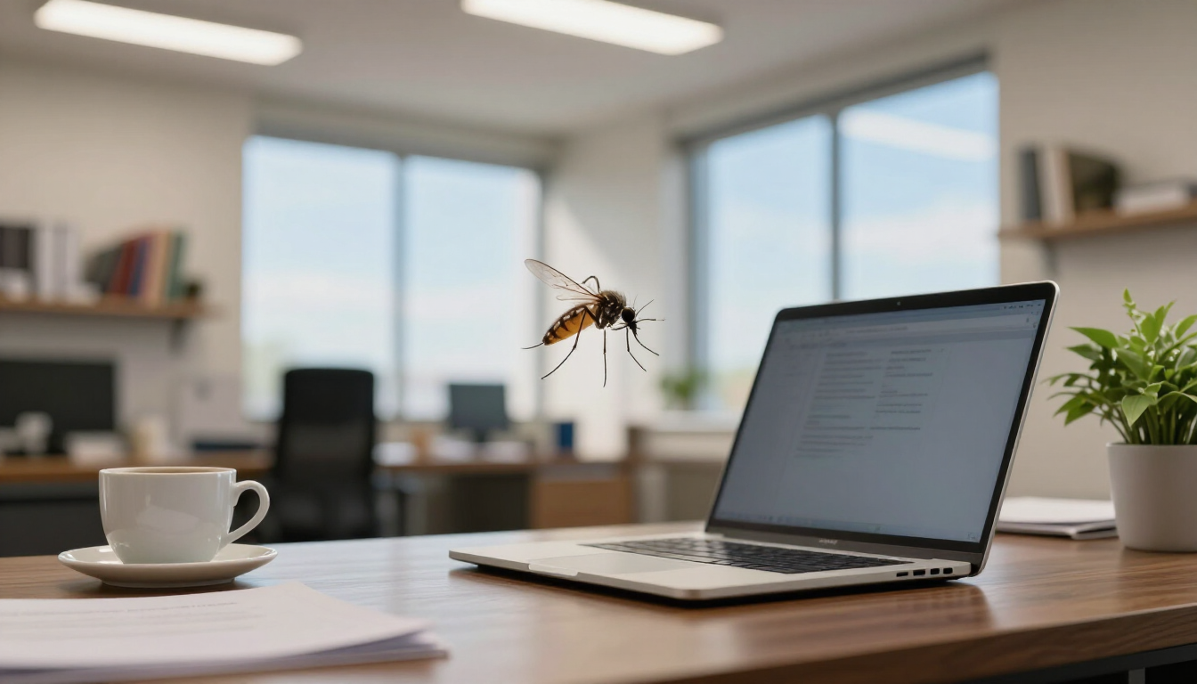 Mosquito hovering above a laptop on a desk in a bright office with a coffee cup and plant