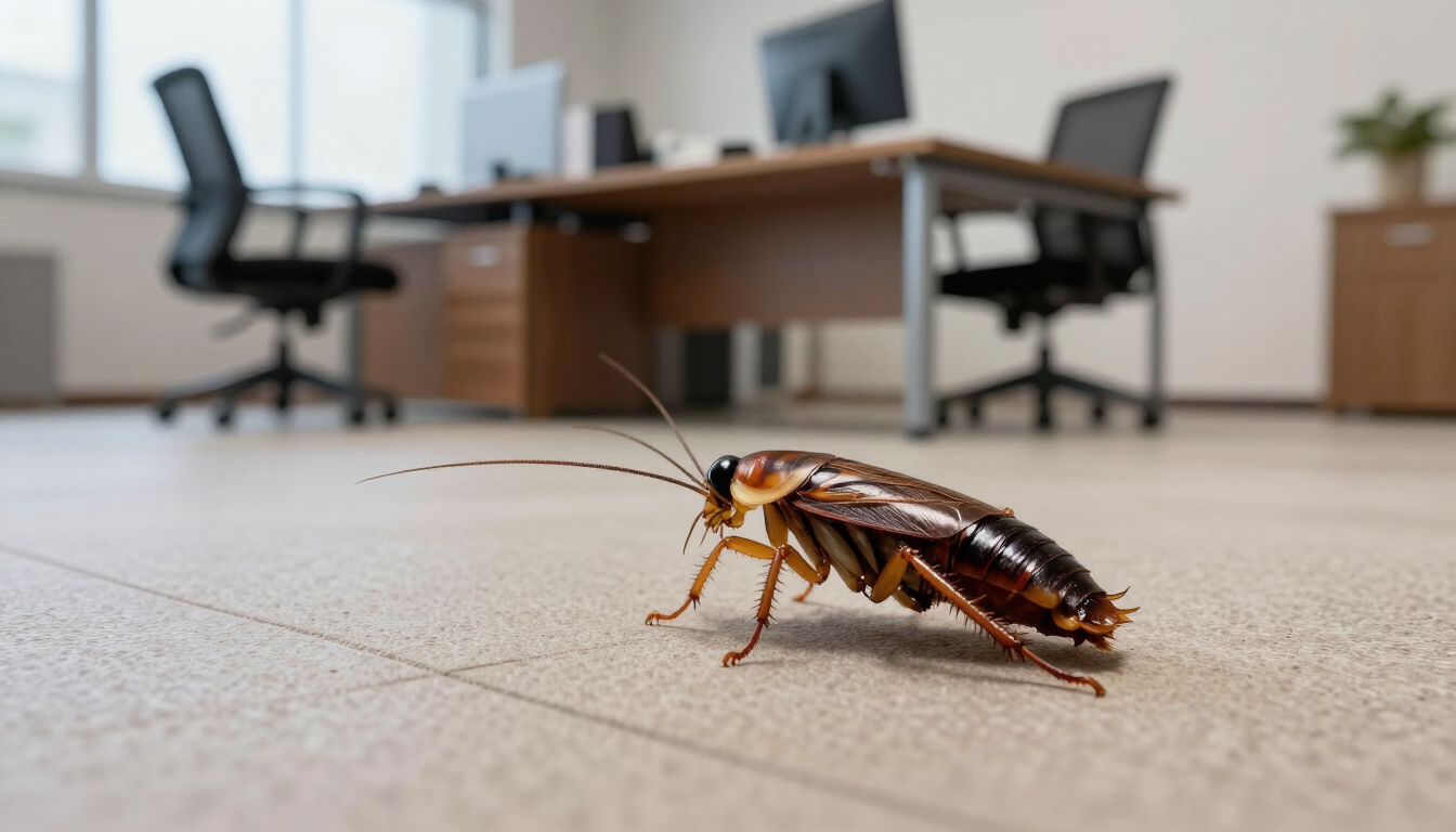 Cockroach on a carpeted office floor with desks and chairs in the blurred background