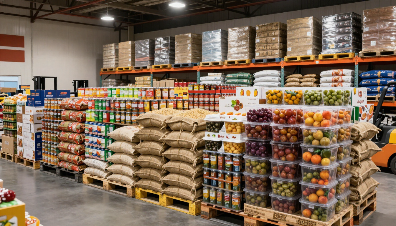 Warehouse aisle with stacked pallets of canned goods, produce, and bagged staples in a food distribution center