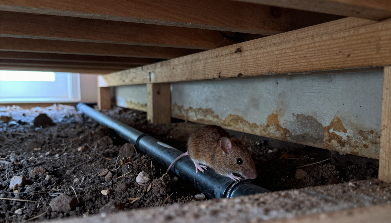 Mouse under a wooden structure beside a black pipe, peeking out from the dirt.