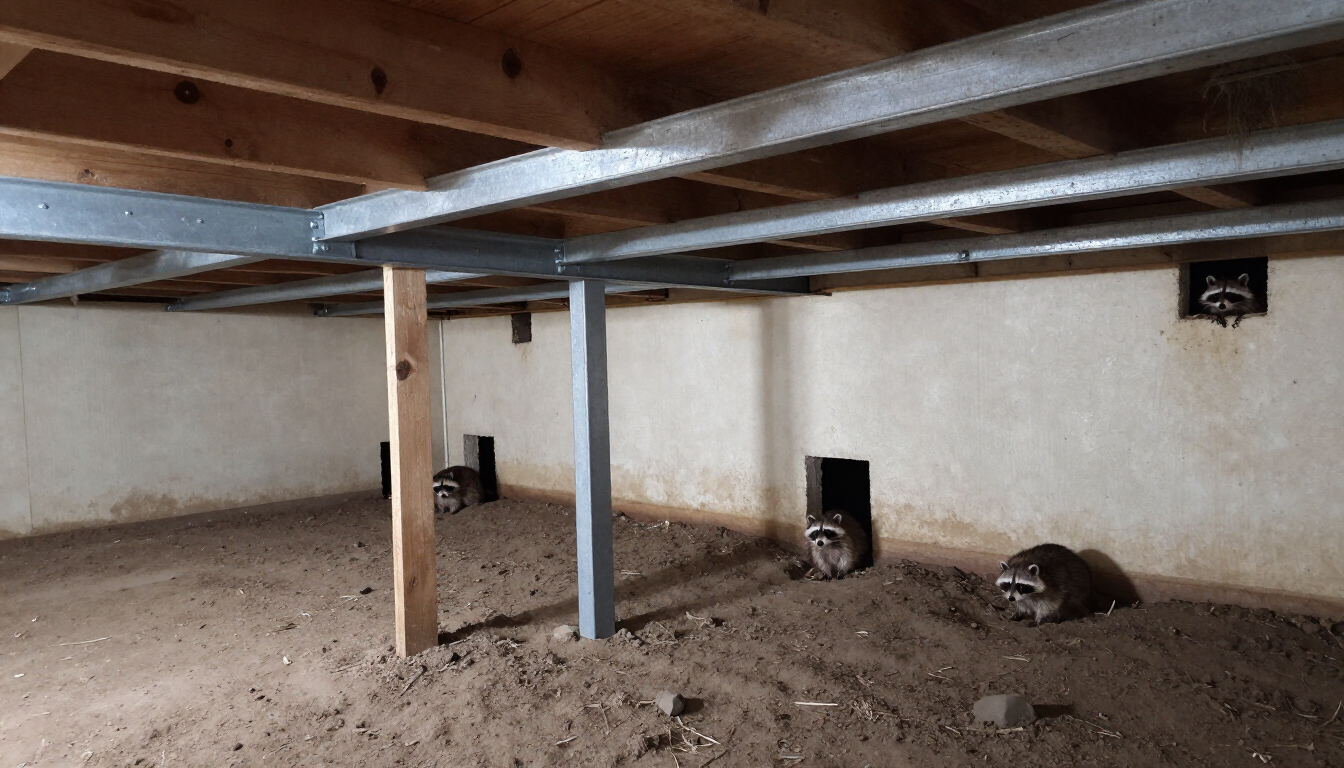 Crawlspace under a house with exposed beams, support posts, vents, and dirt floor with a few items on the ground