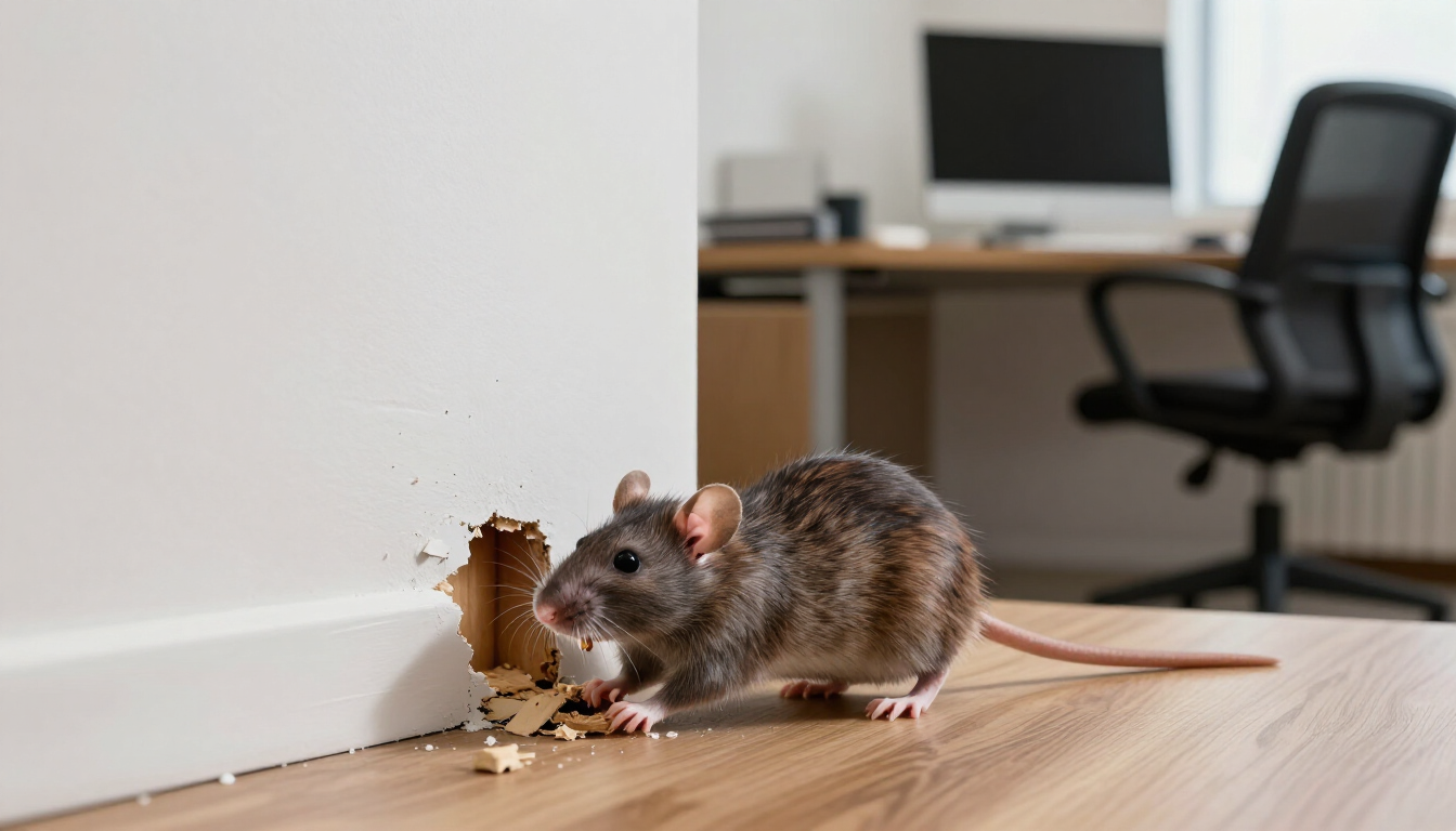 Rat chewing through a white baseboard in an office with a desk and chair in the background