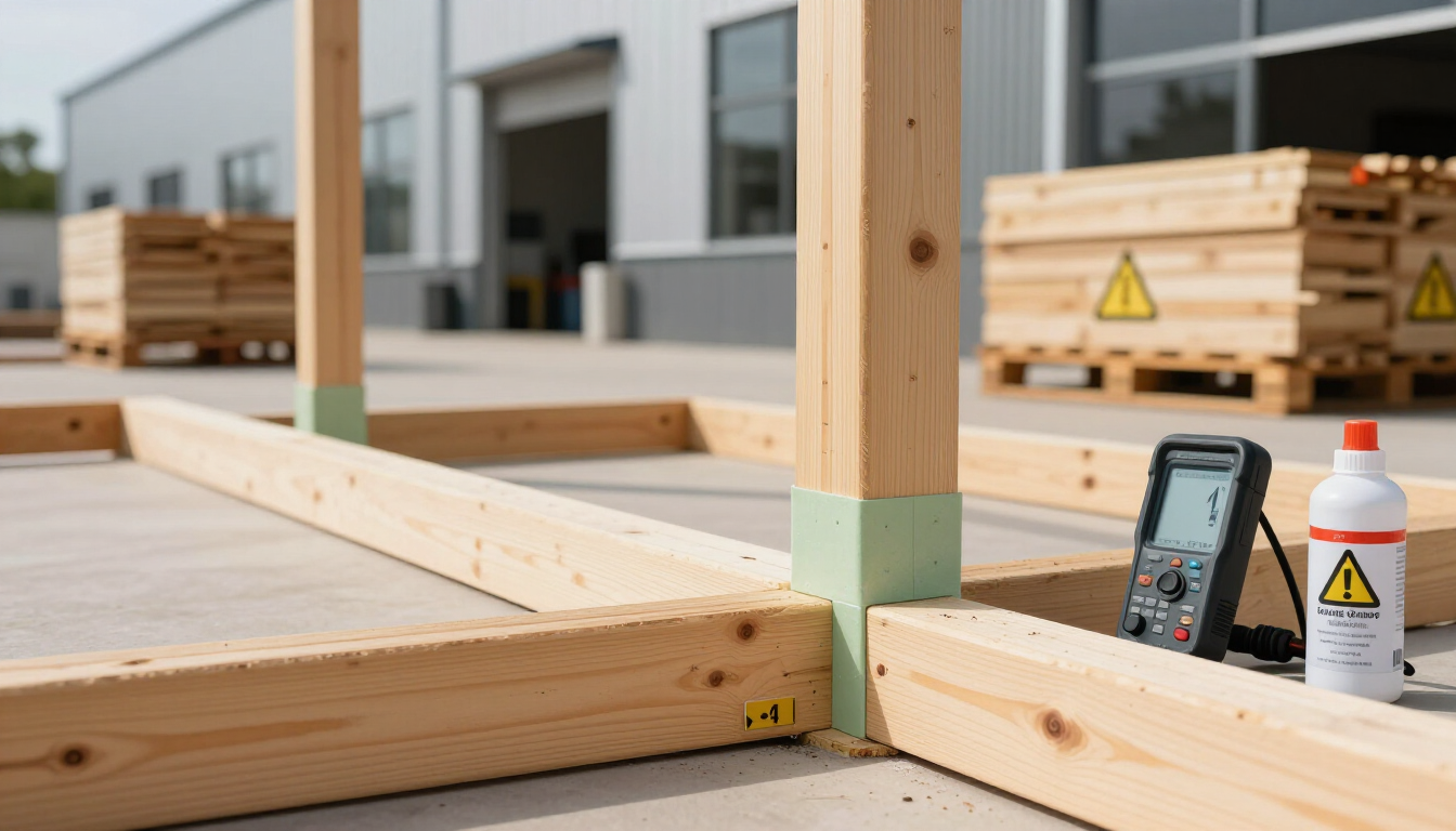 Wooden construction site with timber frames, a smartphone, and a caution bottle near a building.