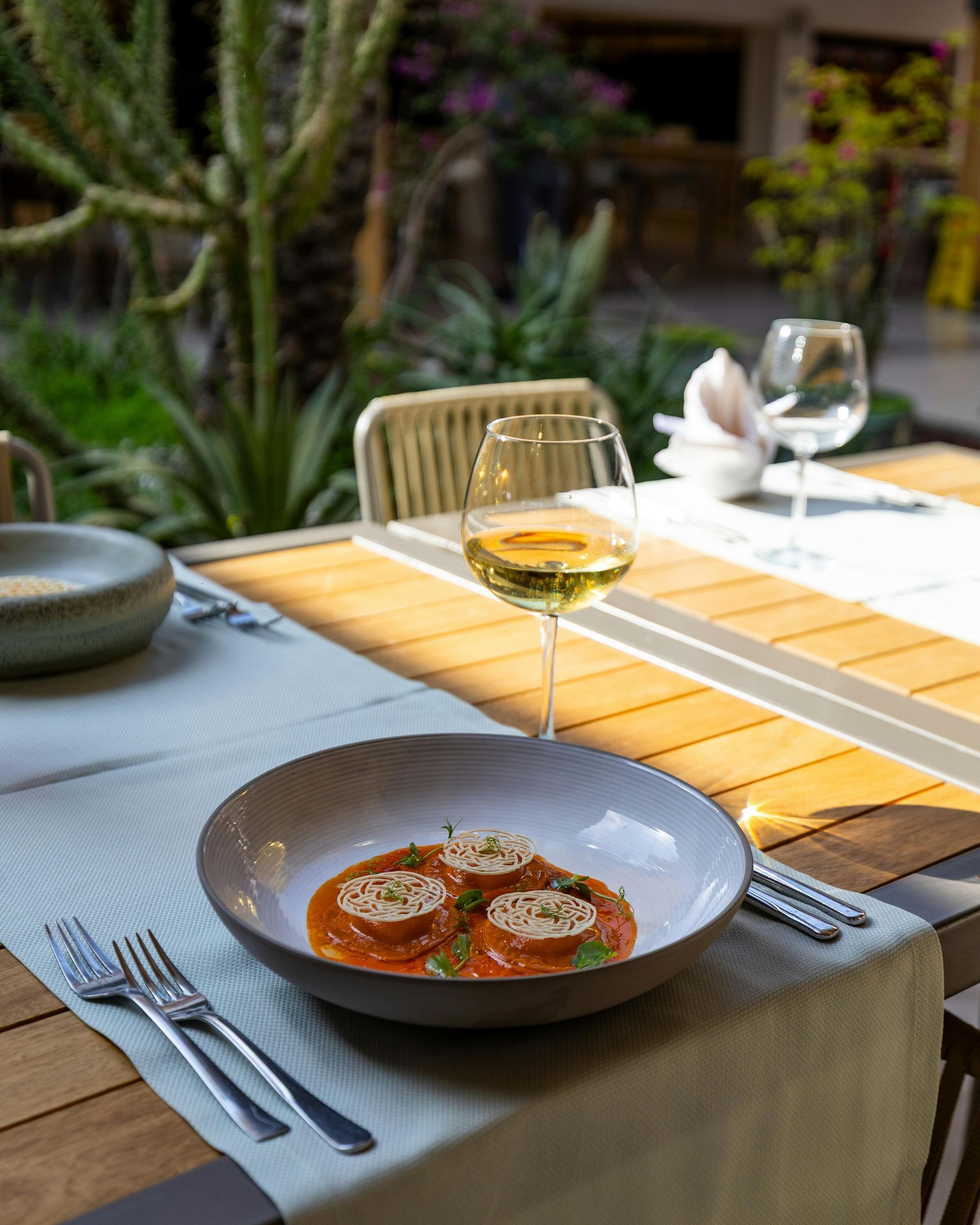 Outdoor dining table with a bowl of tomato pasta and two glasses of white wine in sunlight