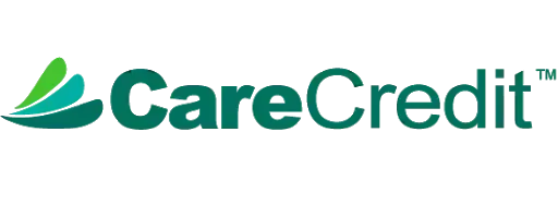 The logo for carecredit is green and white with a green leaf.