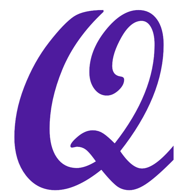 A purple letter q on a white background