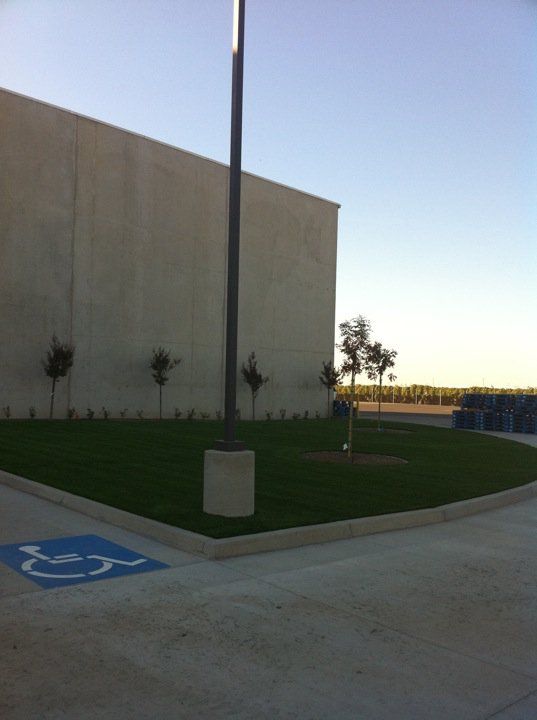 Outdoor sidewalk beside a beige building, with a flagpole, grass, and a blue handicap parking symbol.