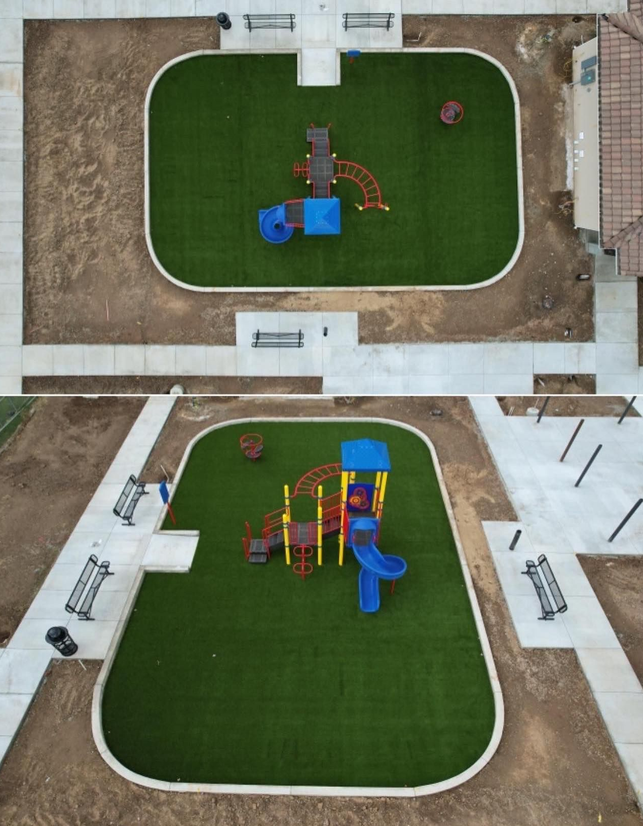Aerial view of a playground with green turf, colorful climbing equipment, and surrounding walkways.