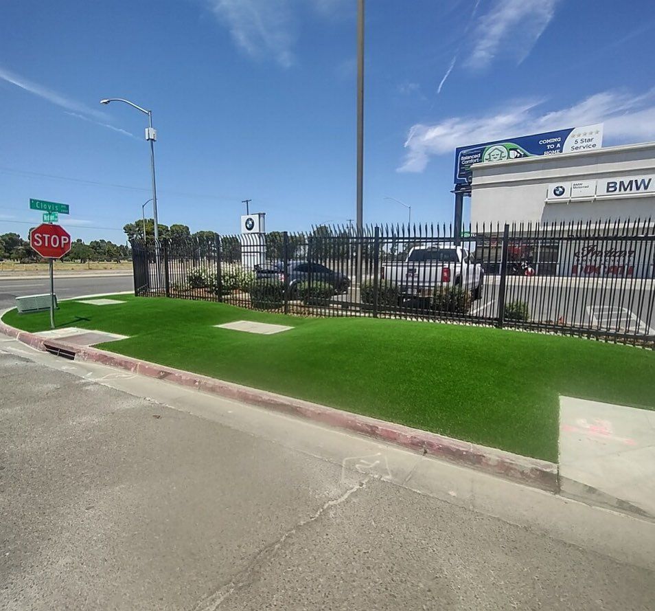 Street corner by a BMW dealership with a stop sign, black fence, and bright green lawn under a blue sky