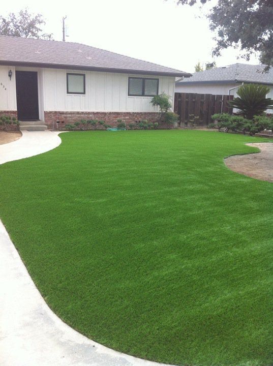 Backyard with bright green lawn, curved concrete path, and a house in the background