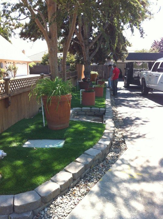 Backyard walkway with potted plants, trees, and a person near a parked truck in sunlight