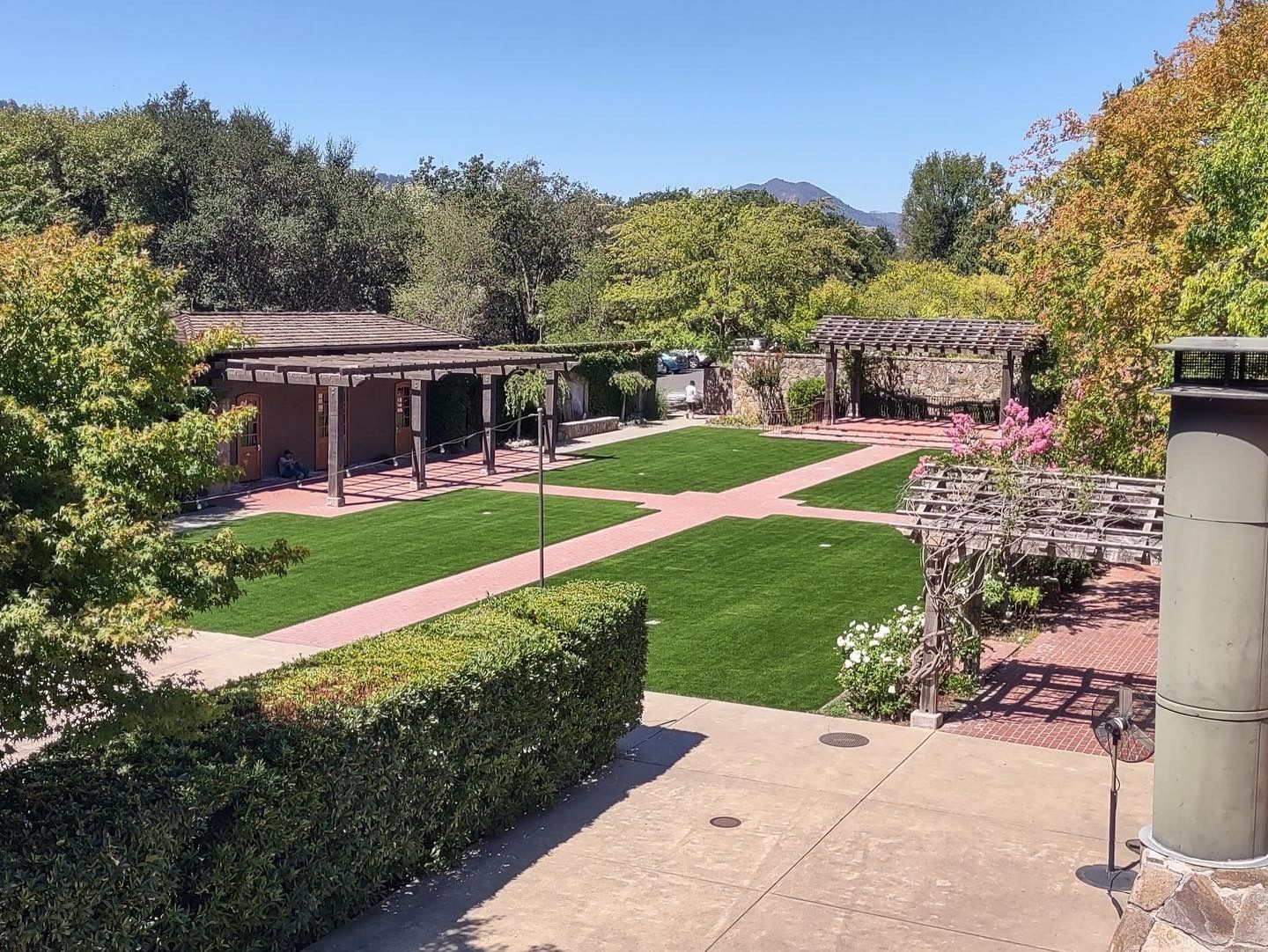 Sunny garden courtyard with pink paths, green lawn, hedges, and shaded seating under pergolas