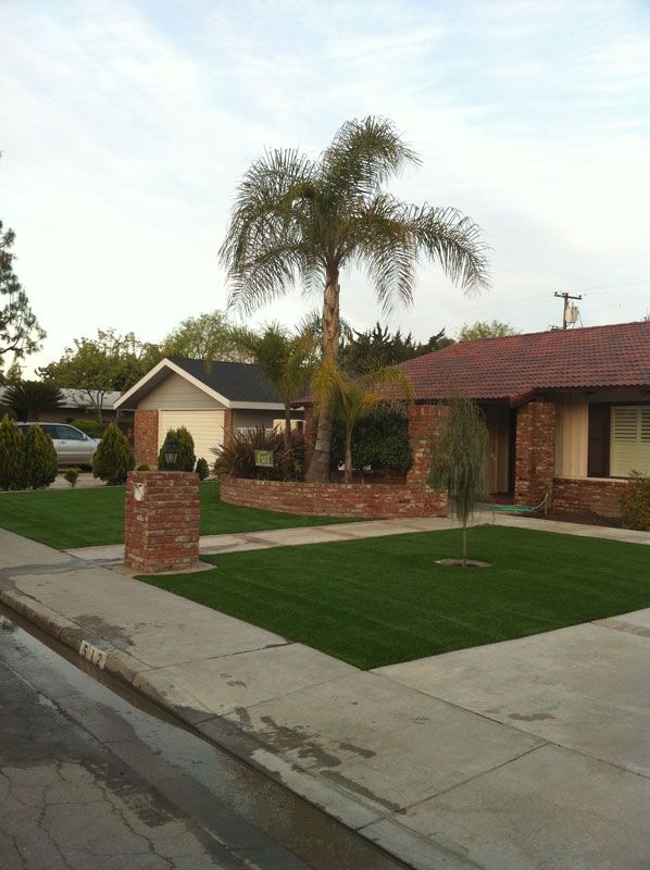 Suburban front yard with palm tree, brick flower beds, and a driveway beside a house at dusk