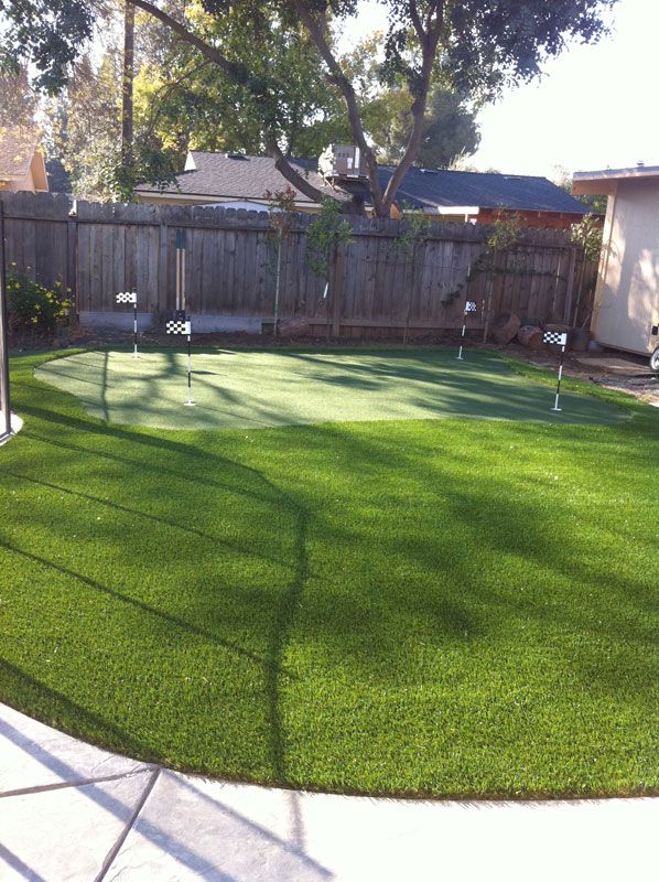 Small backyard with green lawn, wooden fence, trees, and a curved concrete patio in sunlight