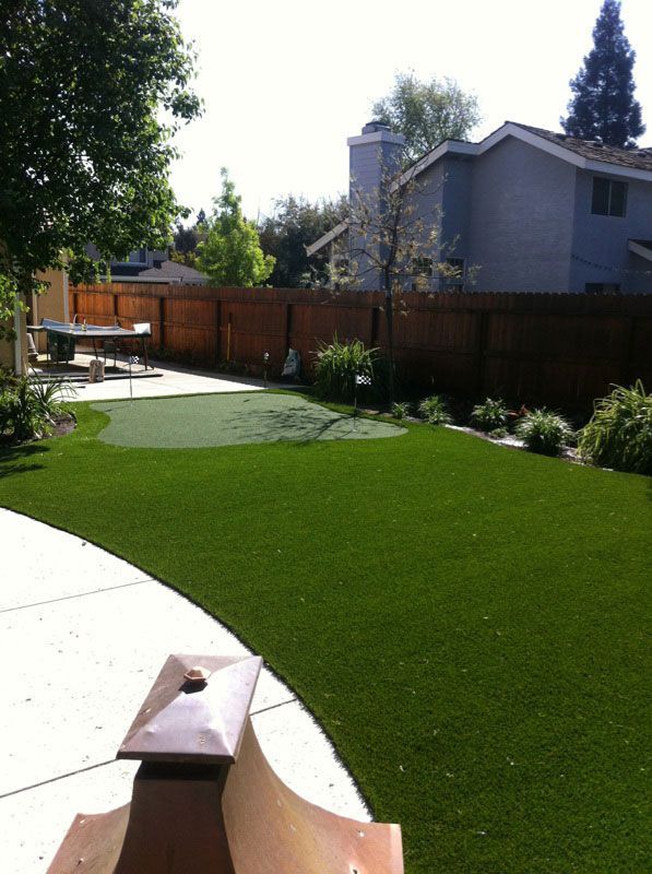 Backyard with bright green lawn, curved patio, wooden fence, and houses in the background.