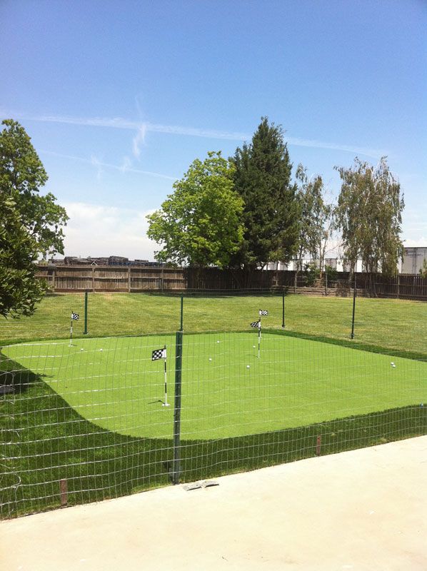 Small fenced putting green with two flags and trees under a blue sky