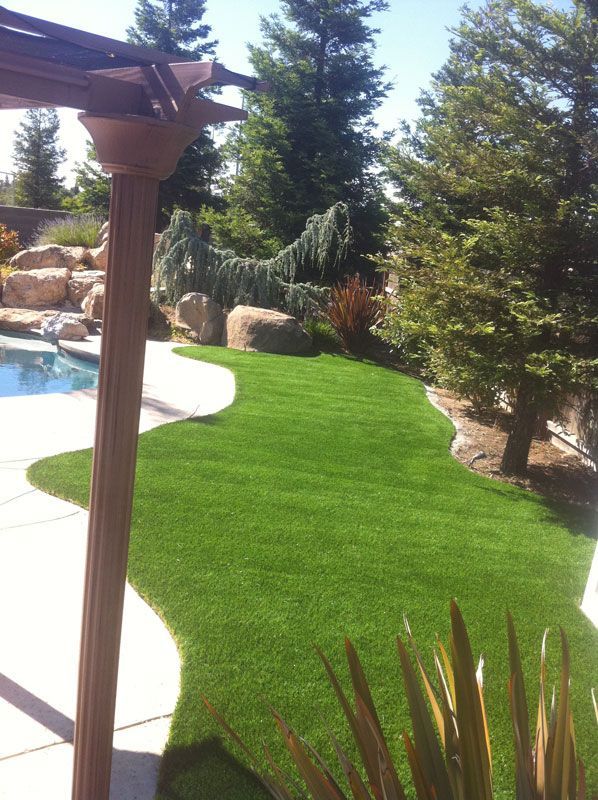 Backyard lawn beside a pool, lined with trees and a pergola post in the foreground