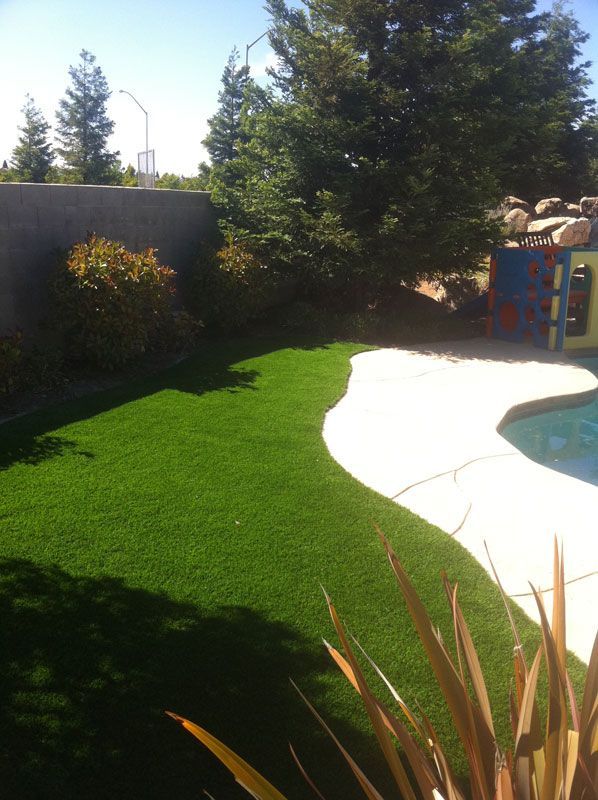 Sunny backyard with green lawn, white poolside patio, trees, and a play structure by the fence