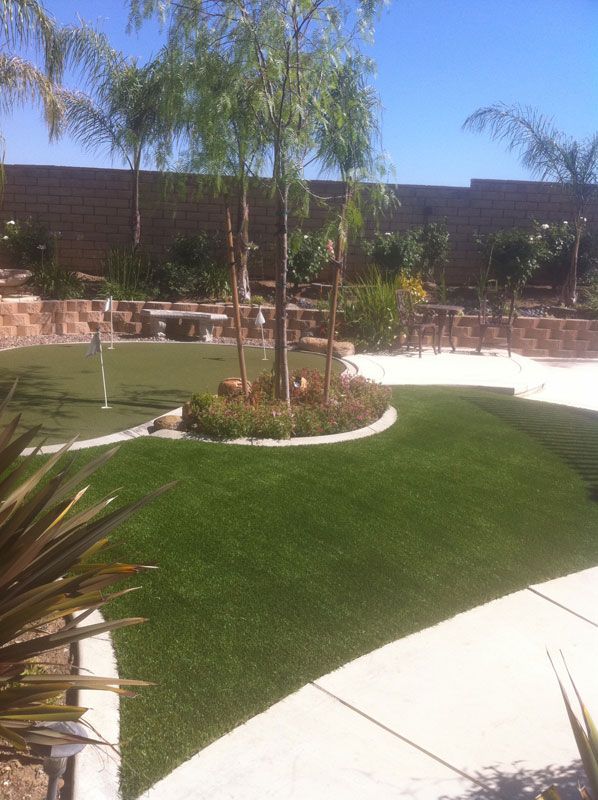Landscaped courtyard with curved lawn, small trees, stone path, and a brick wall under a bright blue sky.