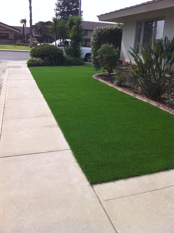 Front yard with bright green lawn, concrete sidewalk, and trimmed shrubs beside a house