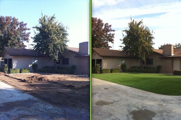 Side-by-side house exterior before and after landscaping, with a bare yard on the left and green lawn on the right