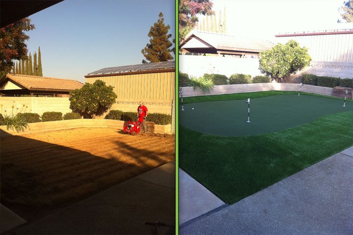 Split view of a yard before and after: dirt and a red chair, then green artificial turf and a fence.