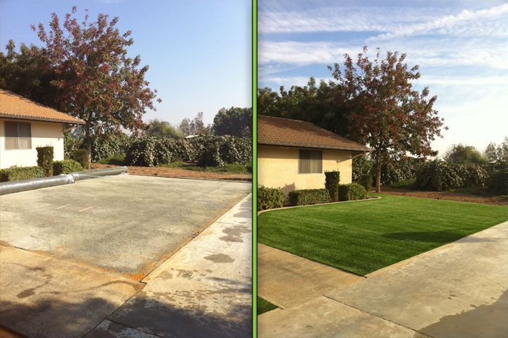 Before-and-after view of a driveway and lawn, showing a bare concrete yard transformed into a green landscaped front yard.