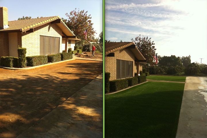 Before-and-after view of a house exterior, showing a dry brown lawn beside a lush green lawn and walkway.