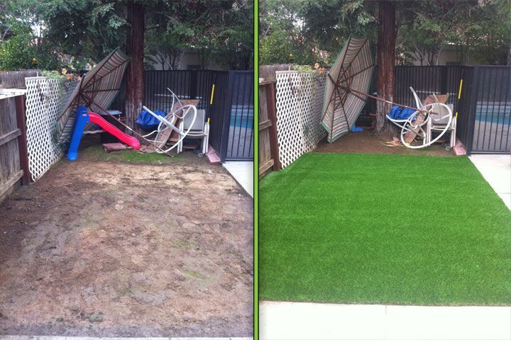 Before-and-after backyard: worn dirt replaced with bright green artificial turf beside a fence and chair.