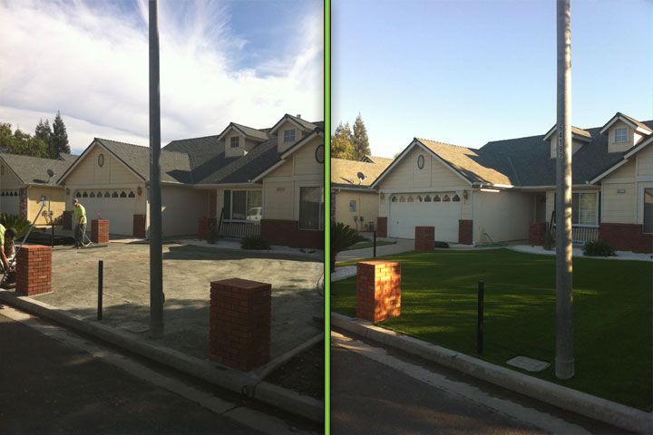 Split view of a suburban house and driveway, showing brighter lighting on the right side.