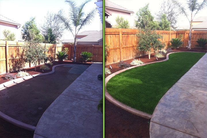 Backyard before-and-after: dark bare yard changed to green lawn with curving stone border and palm trees