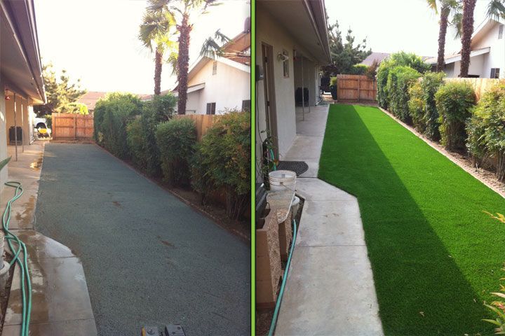 Before-and-after view of a narrow driveway, showing gray pavement replaced with bright green artificial grass.