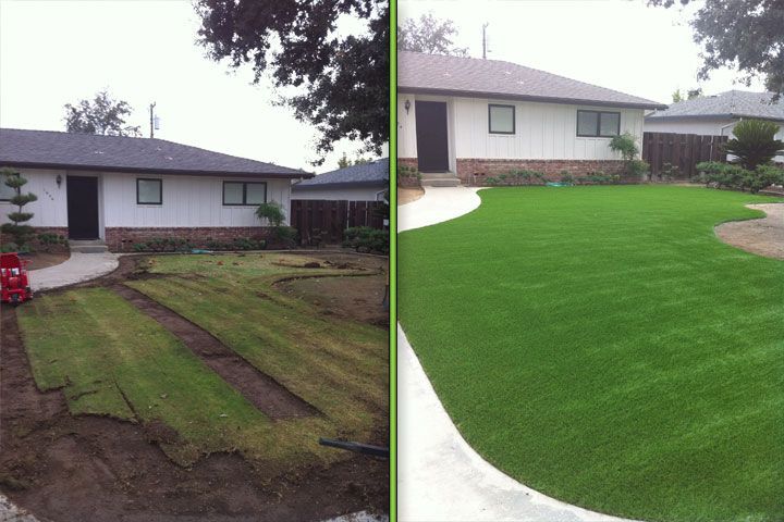 Before-and-after lawn makeover: patchy grass on left, lush green lawn on right beside a house
