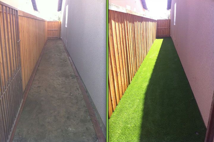 Before-and-after view of a narrow side yard walkway: dull concrete on left, bright green artificial turf on right.