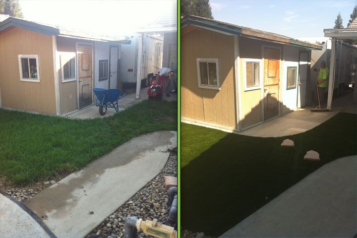 Backyard shed and patio area shown in before-and-after lighting, with grass, walkway, and chairs.