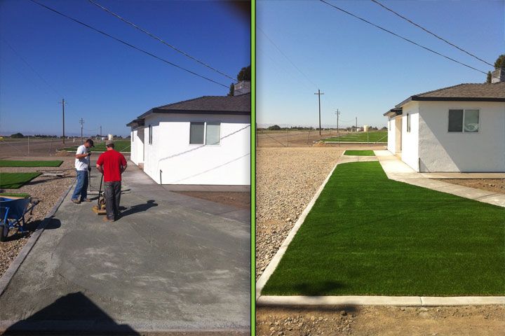 Before-and-after yard makeover: concrete driveway replaced with green artificial turf beside a white house.