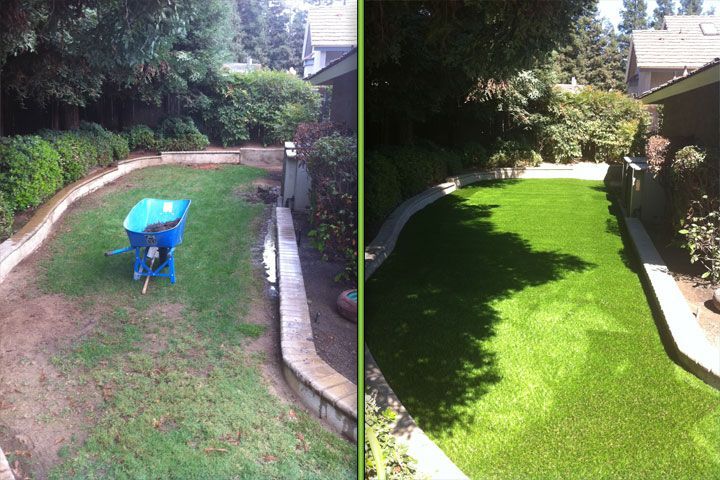 Backyard lawn before and after, with a wheelbarrow removed and grass newly trimmed green