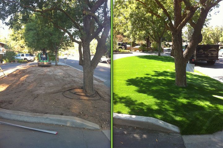 Before-and-after curbside landscaping: bare dirt on the left, lush green grass and trees on the right.