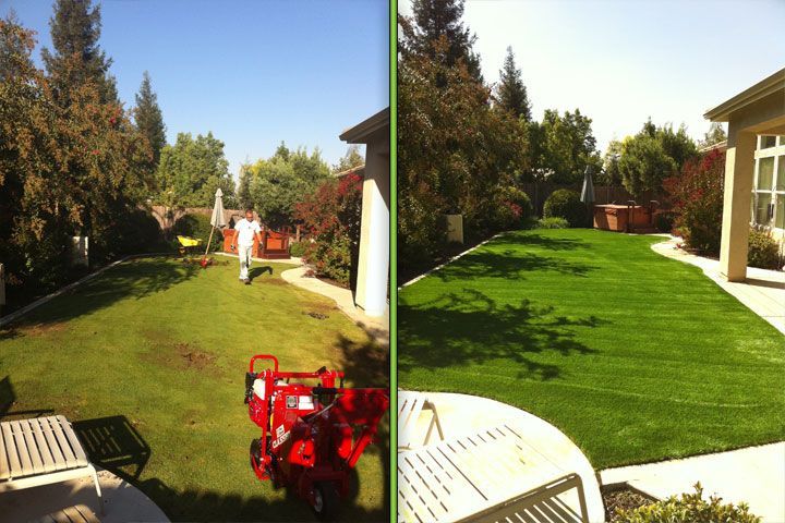Backyard lawn with trees, patio chairs, and a red lawn mower in bright sunlight.