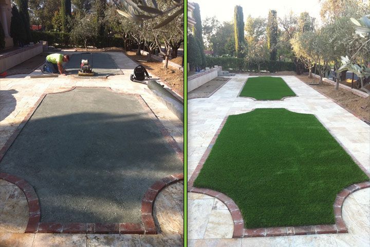 Before-and-after view of a backyard putting green under construction, with workers and palm trees.