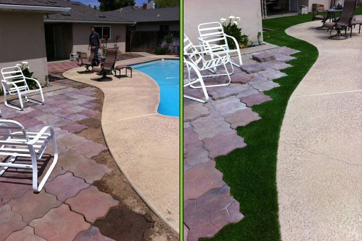 Patio pool area before and after: flagstone walkway replaced with a smooth tan path and green edging