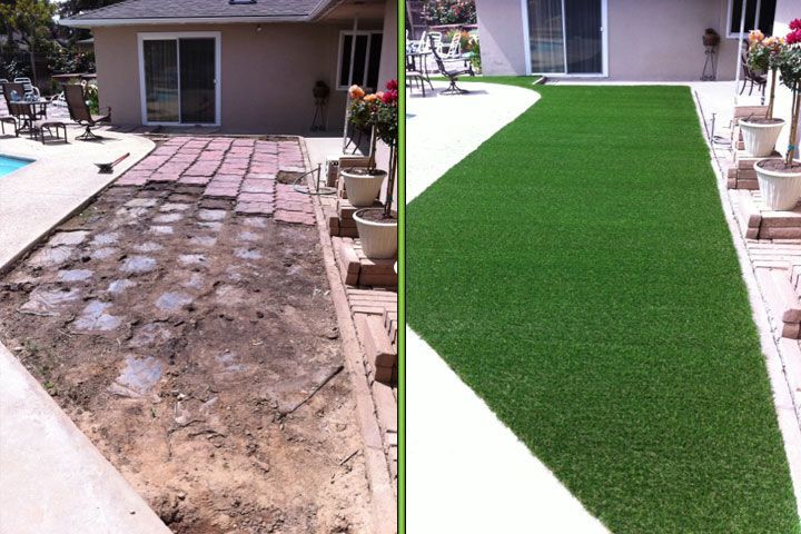Backyard patio before and after: worn dirt path replaced with green artificial turf.