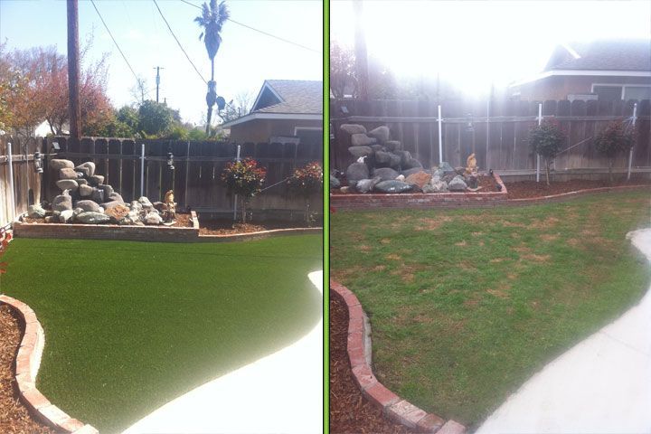 Split view of a landscaped backyard with green lawn, stone edging, and a rock waterfall by a fence