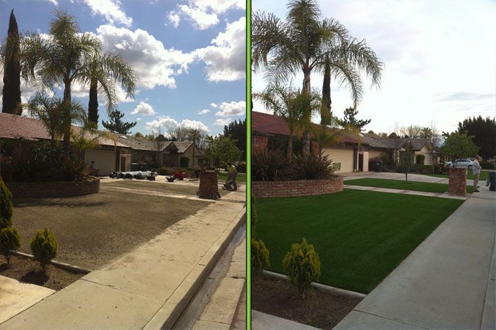 Split view of a suburban front yard and sidewalk before and after landscaping, with greener grass on the right