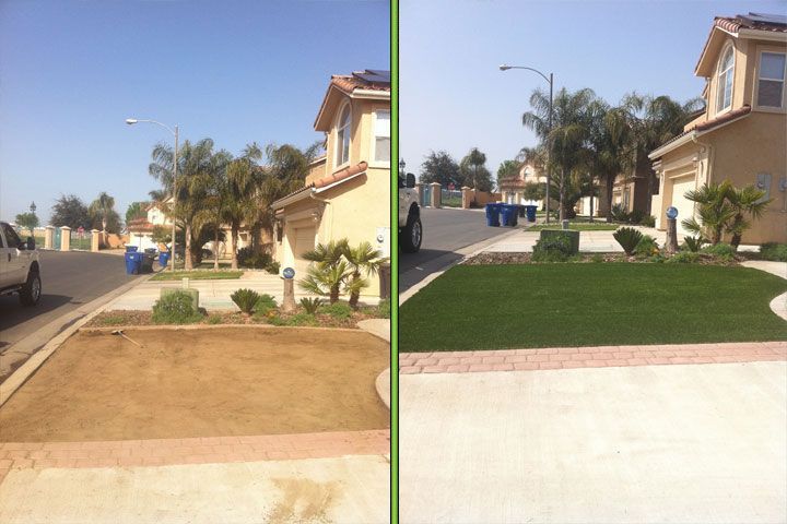 Split view of a suburban house front yard: dirt landscaping on left, green lawn and white driveway on right.