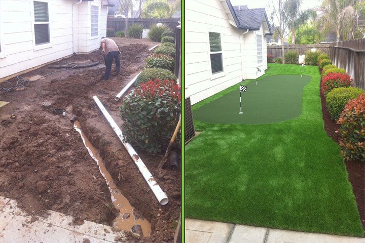 Before-and-after backyard landscaping: muddy dirt replaced with green artificial turf beside a house.