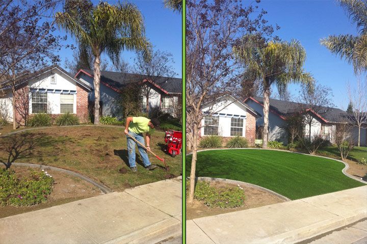 Before-and-after lawn care at a suburban house, with a worker mowing on the left and a green lawn on the right