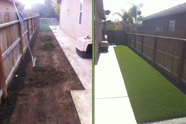 Before-and-after backyard: bare dirt path changes to green artificial turf along a fence.