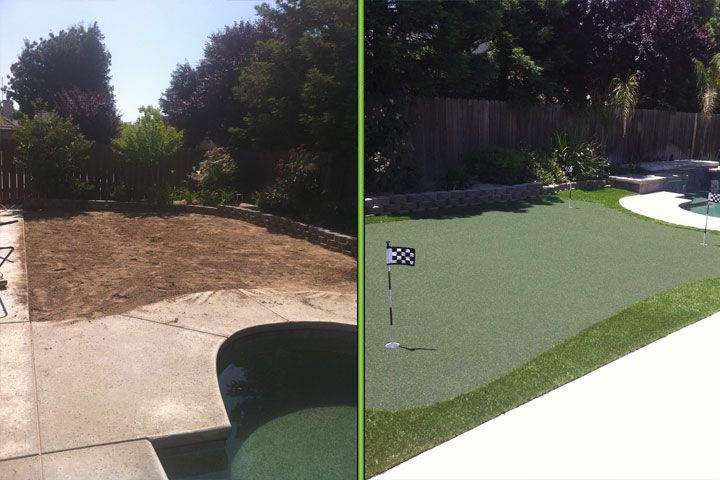 Before-and-after backyard: dry dirt patio changes to green artificial turf with a curved white edge.
